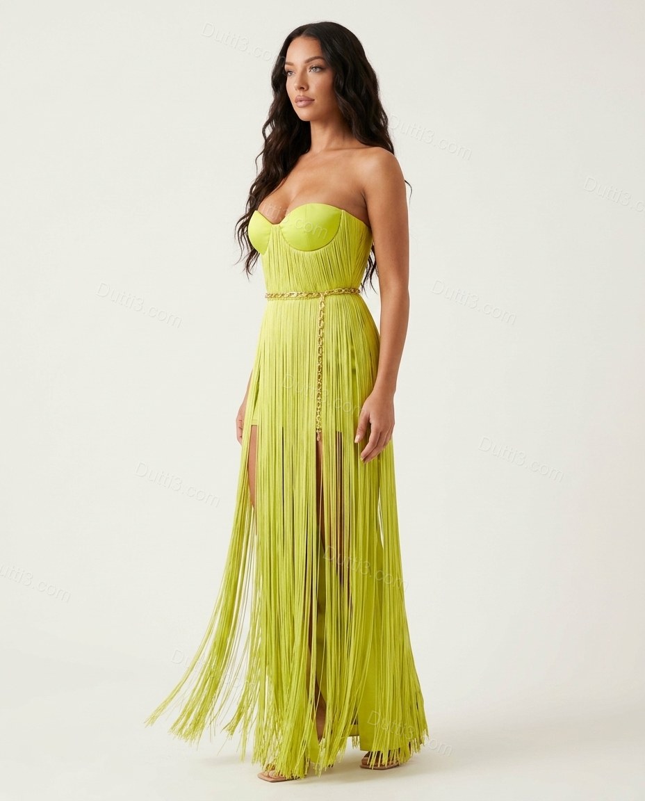 Lime Green Maxi Tiered Fringe Dress, side and back studio view showing unclear due to lack of clear back view, by Dutti3