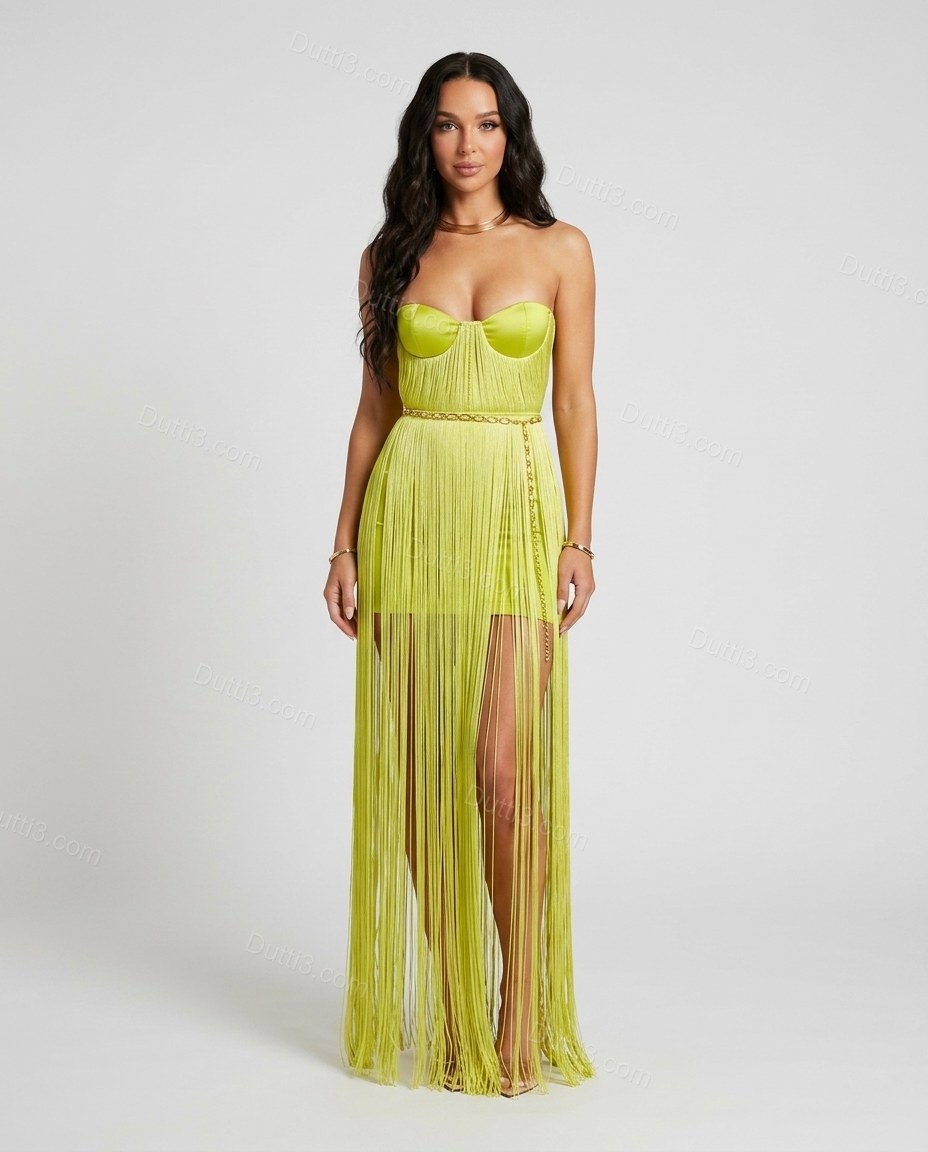 Lime Green Maxi Tiered Fringe Dress, front studio view, by Dutti3
