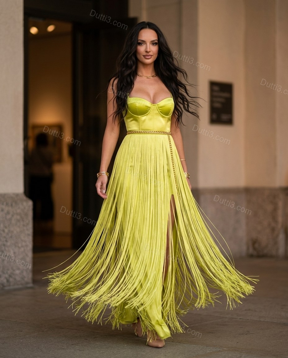 Lime Green Maxi Tiered Fringe Dress, walking lifestyle view, by Dutti3