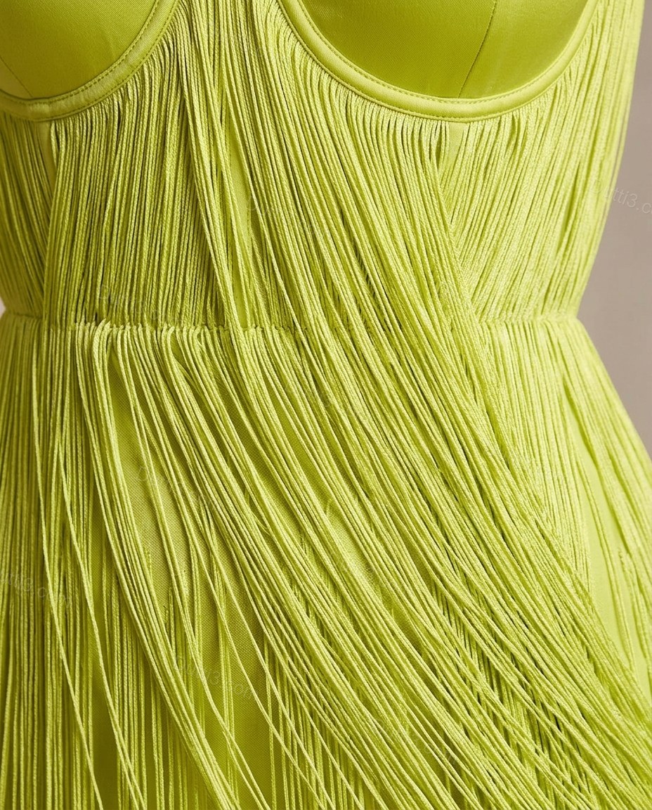 Lime Green Maxi Tiered Fringe Dress, close-up of fringe detail, high slit and bustier bodice, by Dutti3