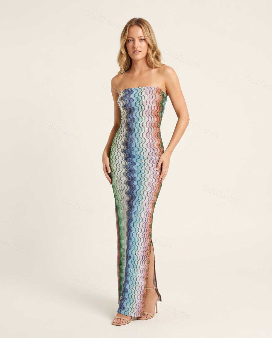 Multi-Color Chevron Maxi Strapless Dress, front studio view, by Dutti3