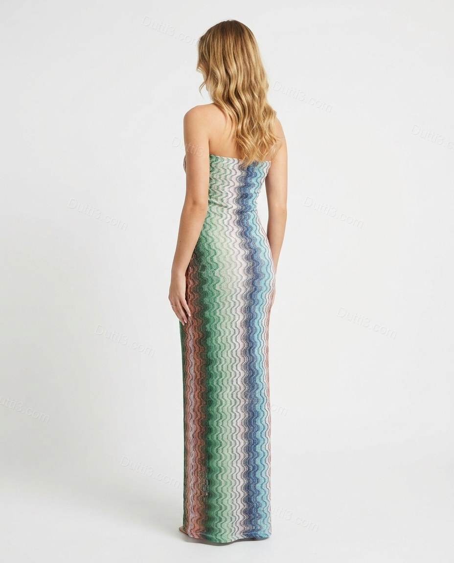 Multi-Color Chevron Maxi Strapless Dress, back studio view showing continuous chevron knit pattern, by Dutti3