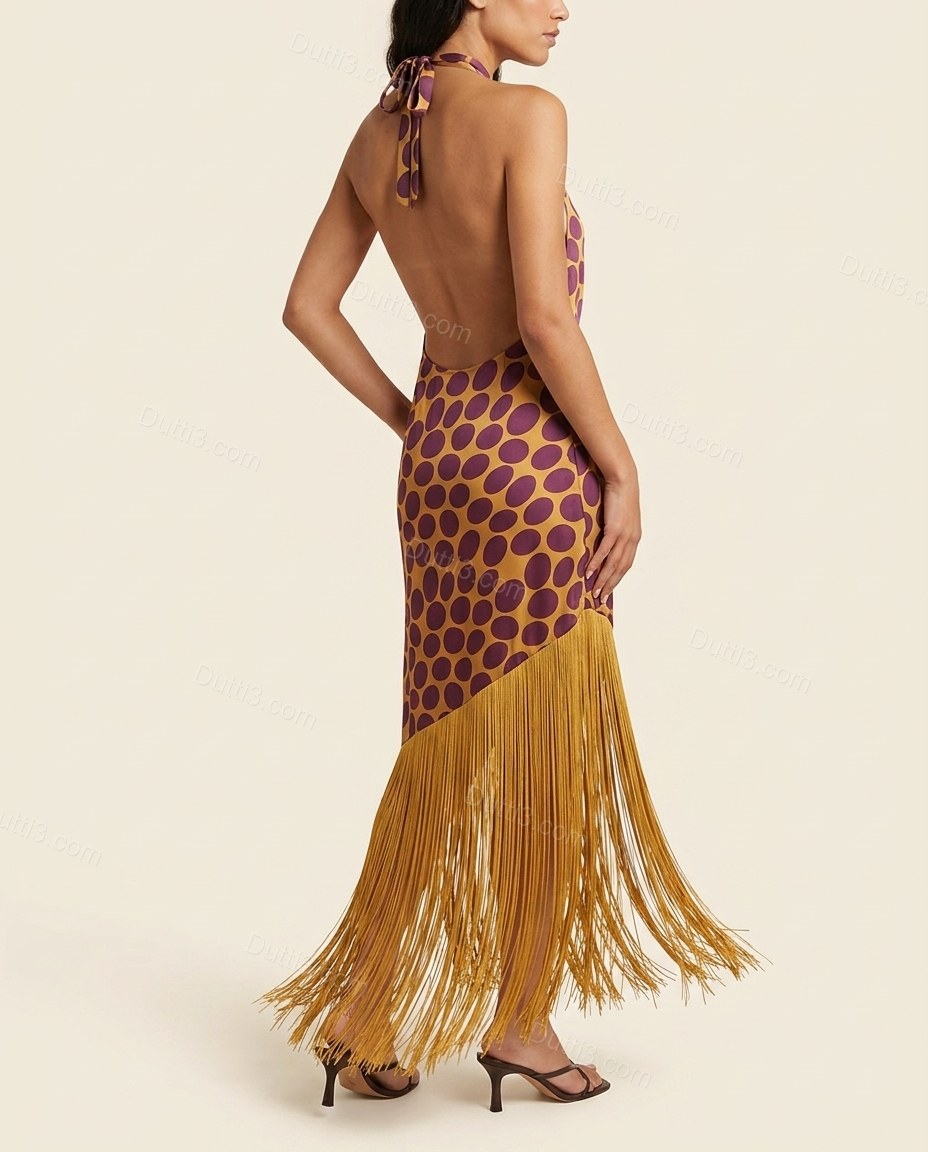 Golden Yellow Polka Dot Open-Back Cowl-Neck Dress, back studio view, by Dutti3