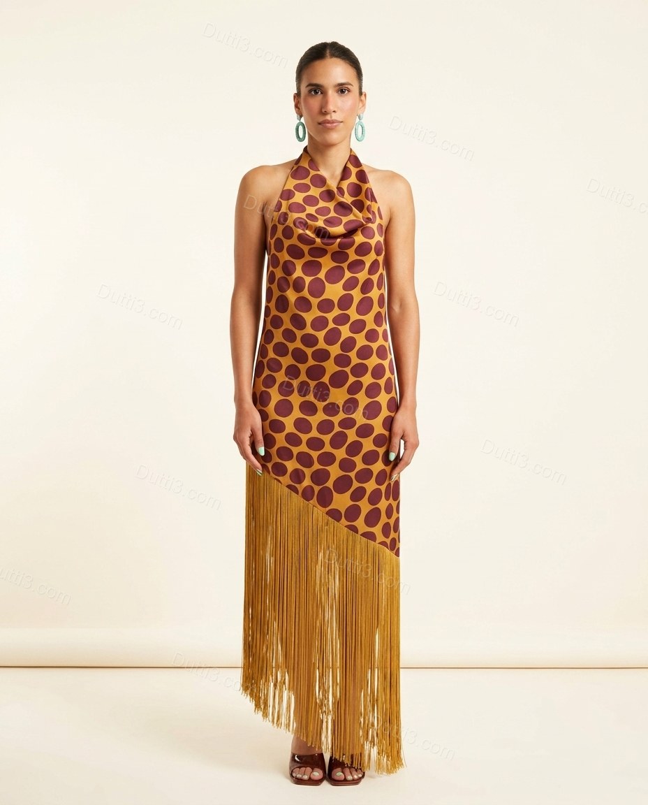 Golden Yellow Polka Dot Open-Back Cowl-Neck Dress, front studio view, by Dutti3