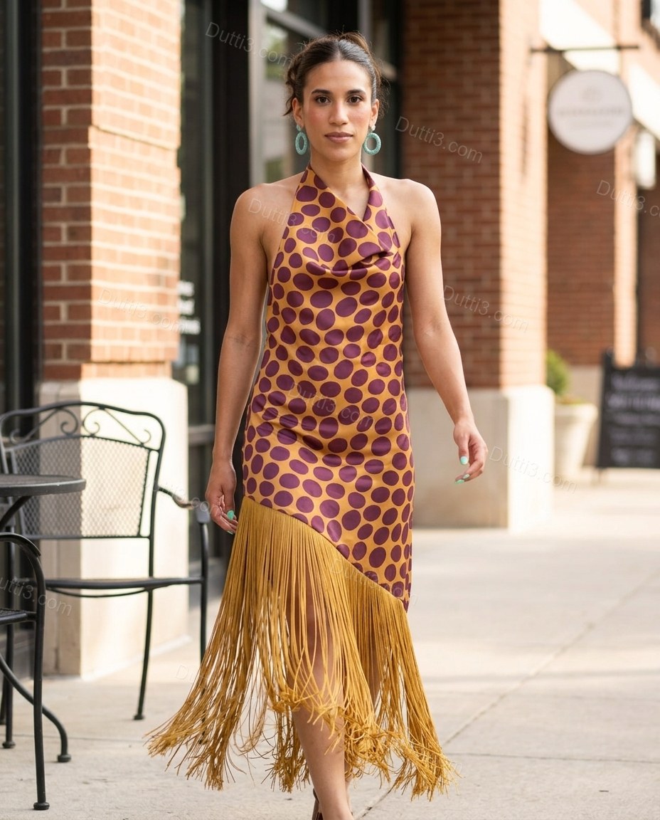 Golden Yellow Polka Dot Open-Back Cowl-Neck Dress, movement and fit lifestyle view, by Dutti3