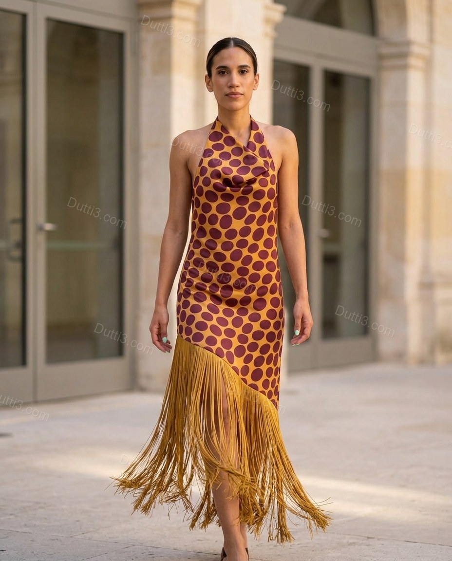 Golden Yellow Polka Dot Open-Back Cowl-Neck Dress, walking lifestyle view, by Dutti3
