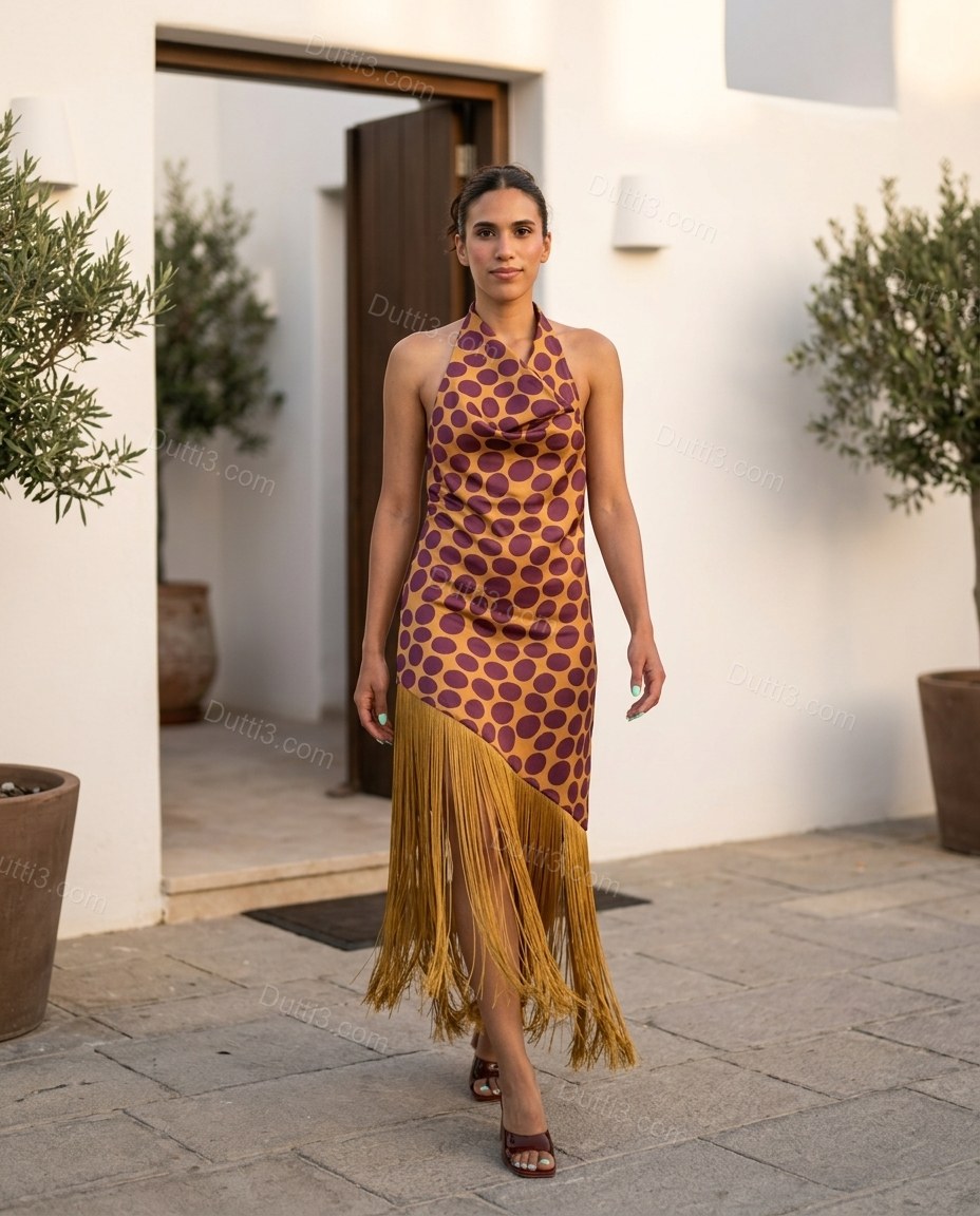 Golden Yellow Polka Dot Open-Back Cowl-Neck Dress, alternate use-case lifestyle view, by Dutti3