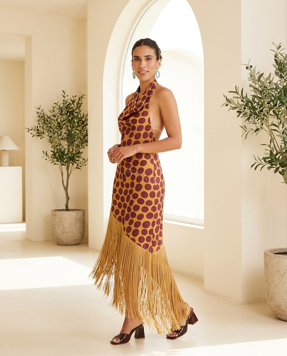 Golden Yellow Polka Dot Open-Back Cowl-Neck Dress, full-length hero view, by Dutti3