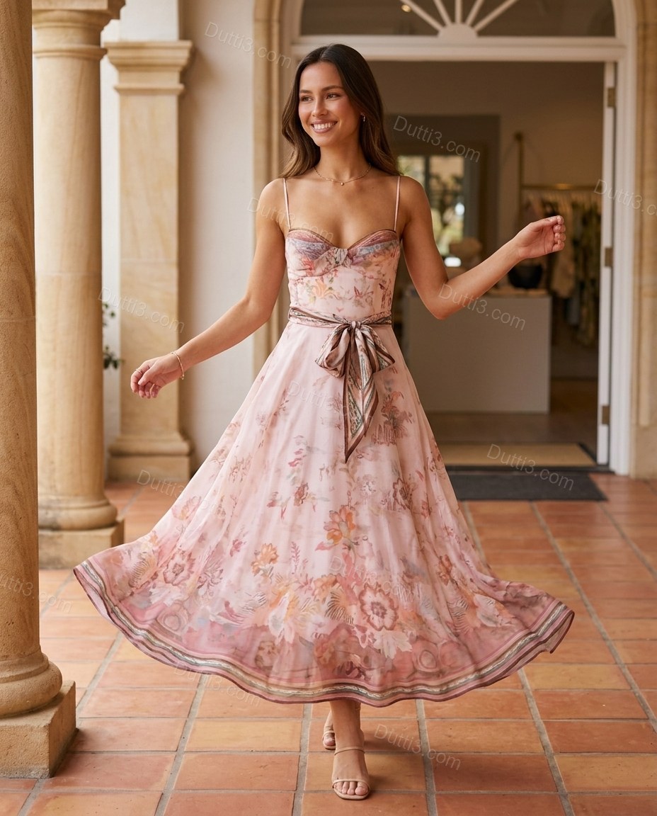 Light Pink Floral Maxi Dress, walking lifestyle view, by Dutti3