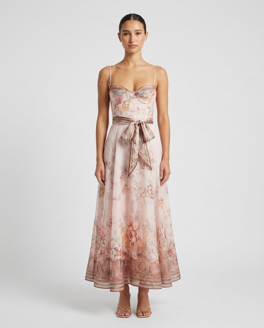 Light Pink Floral Maxi Dress, front studio view, by Dutti3