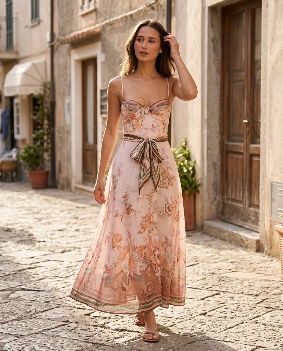 Light Pink Floral Maxi Dress, movement and fit lifestyle view, by Dutti3