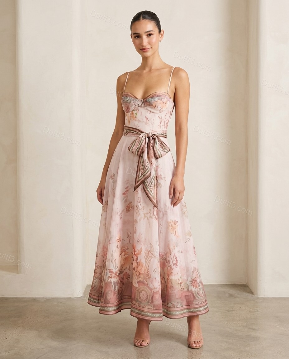 Light Pink Floral Maxi Dress, full-length hero view, by Dutti3