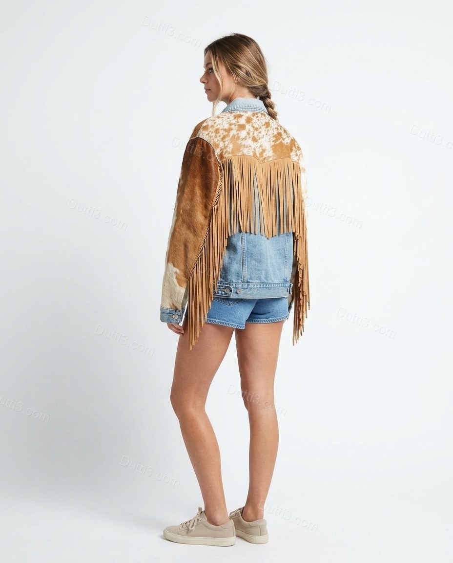 Light Blue Animal Print Fringe Denim Jacket, back studio view showing visible cowhide patches and fringe, by Dutti3