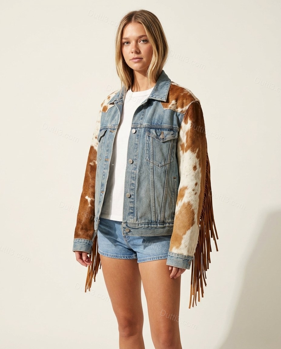 Light Blue Animal Print Fringe Denim Jacket, front studio view, by Dutti3