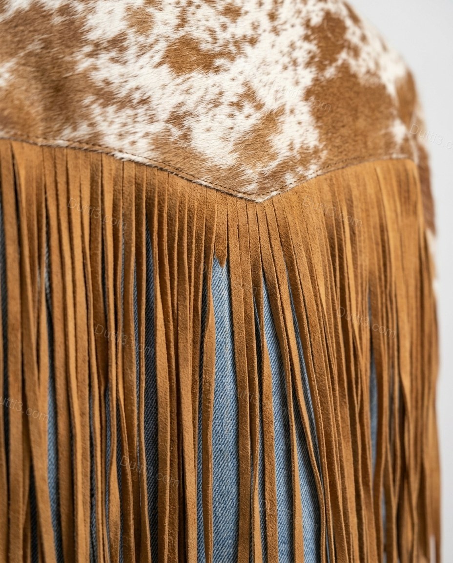 Light Blue Animal Print Fringe Denim Jacket, close-up of animal print, by Dutti3