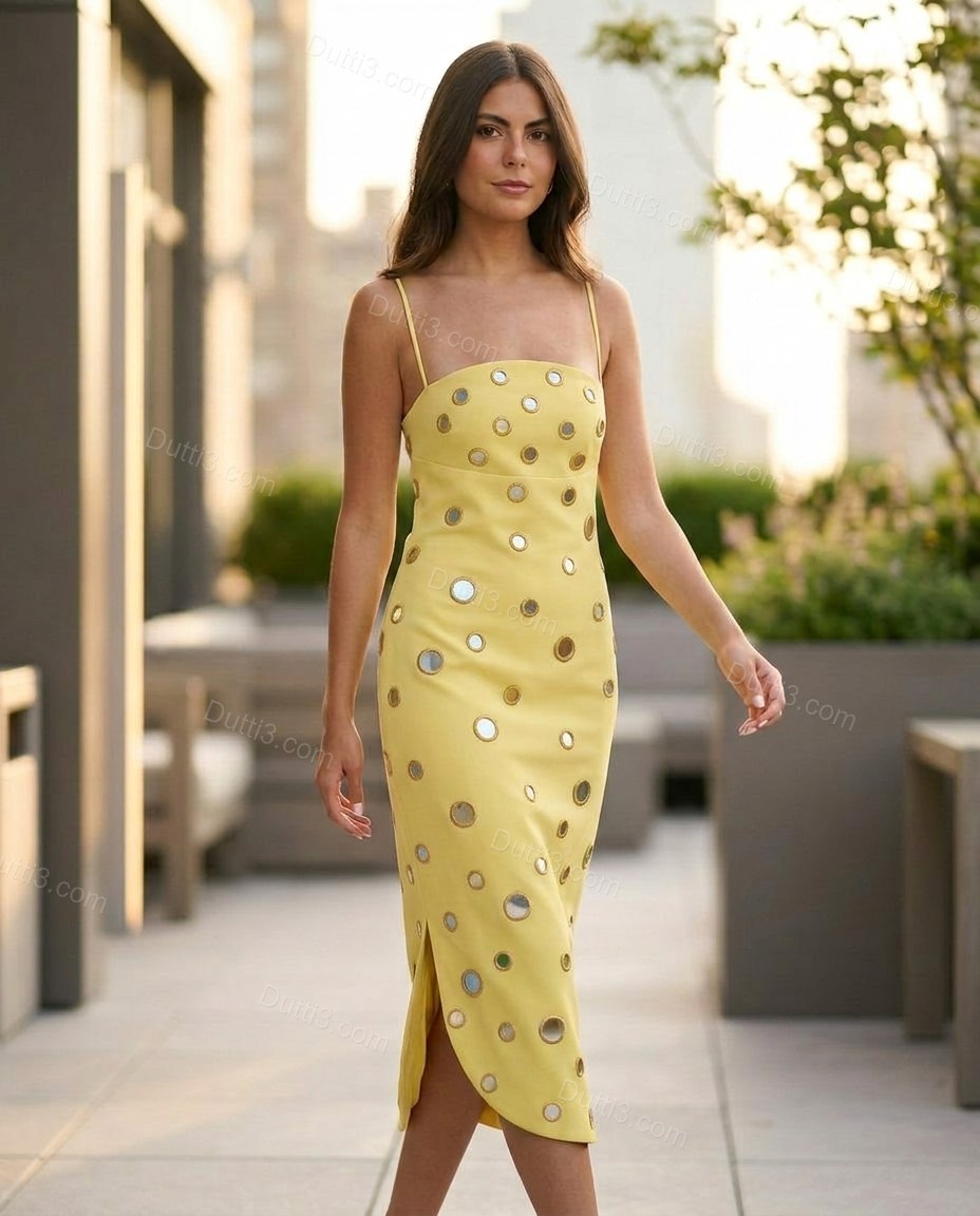 Yellow Midi Embroidered Mirror-Disc Dress, movement and fit lifestyle view, by Dutti3
