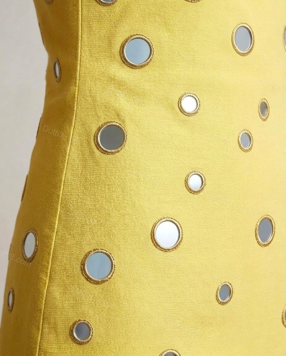 Yellow Midi Embroidered Mirror-Disc Dress, close-up of spaghetti straps, side slit and grommets, by Dutti3