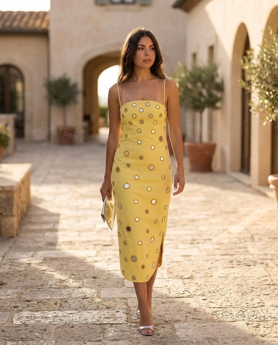 Yellow Midi Embroidered Mirror-Disc Dress, alternate use-case lifestyle view, by Dutti3