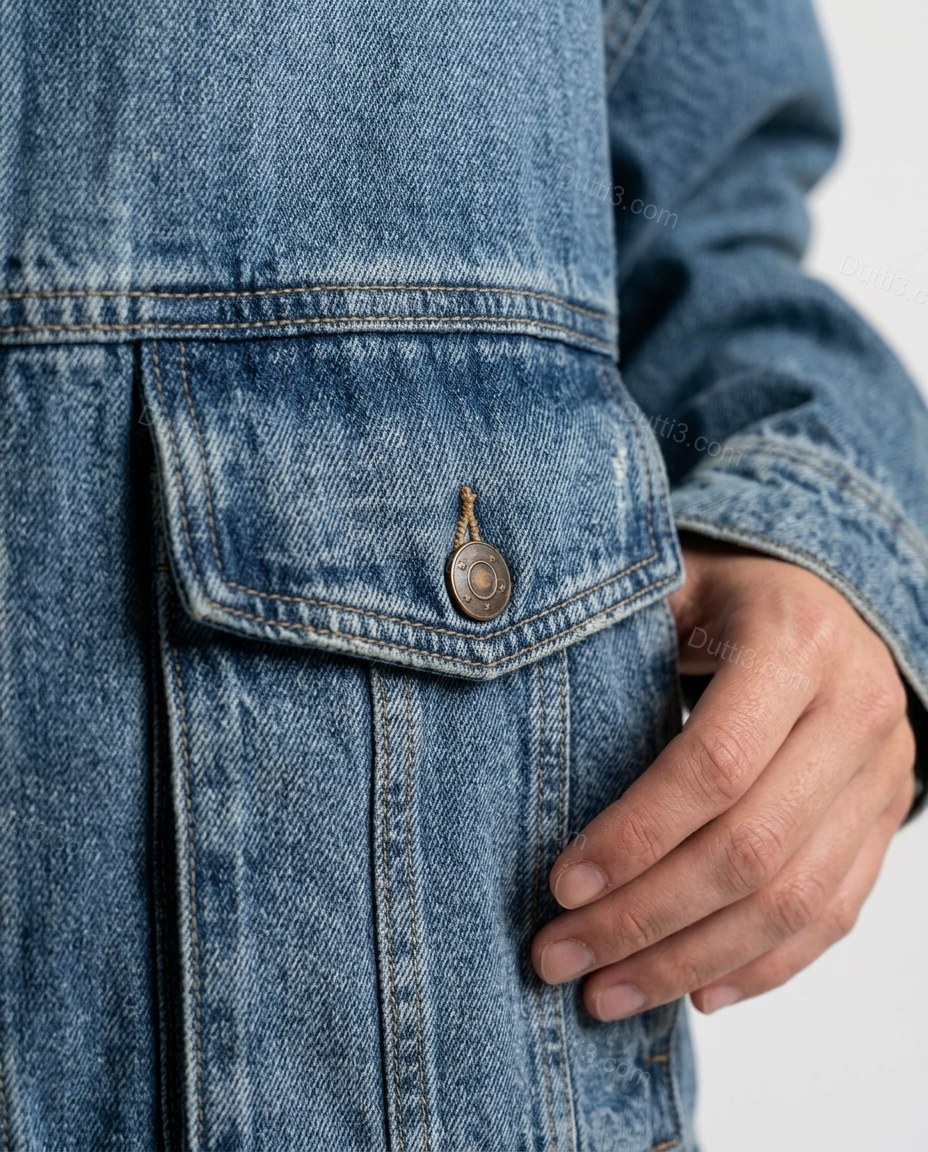 Blue Denim Jacket, close-up of button-front closure, flap chest pockets and side pockets, by Dutti3