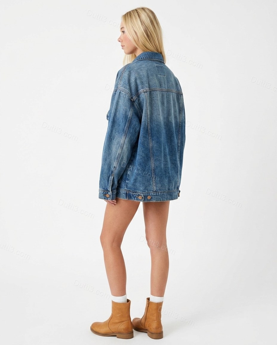 Blue Denim Jacket, back studio view showing visible back yoke, vertical seams, straight hem, by Dutti3