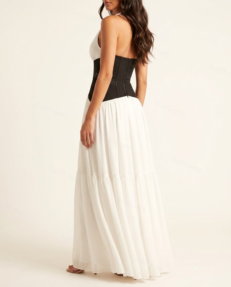 White Maxi Skirt Set, back studio view showing corset-style back closure with full skirt volume, by Dutti3