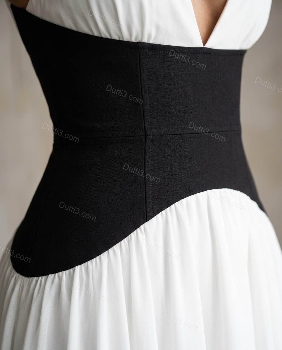 White Maxi Skirt Set, close-up of black accents, color block design and wide waistband, by Dutti3