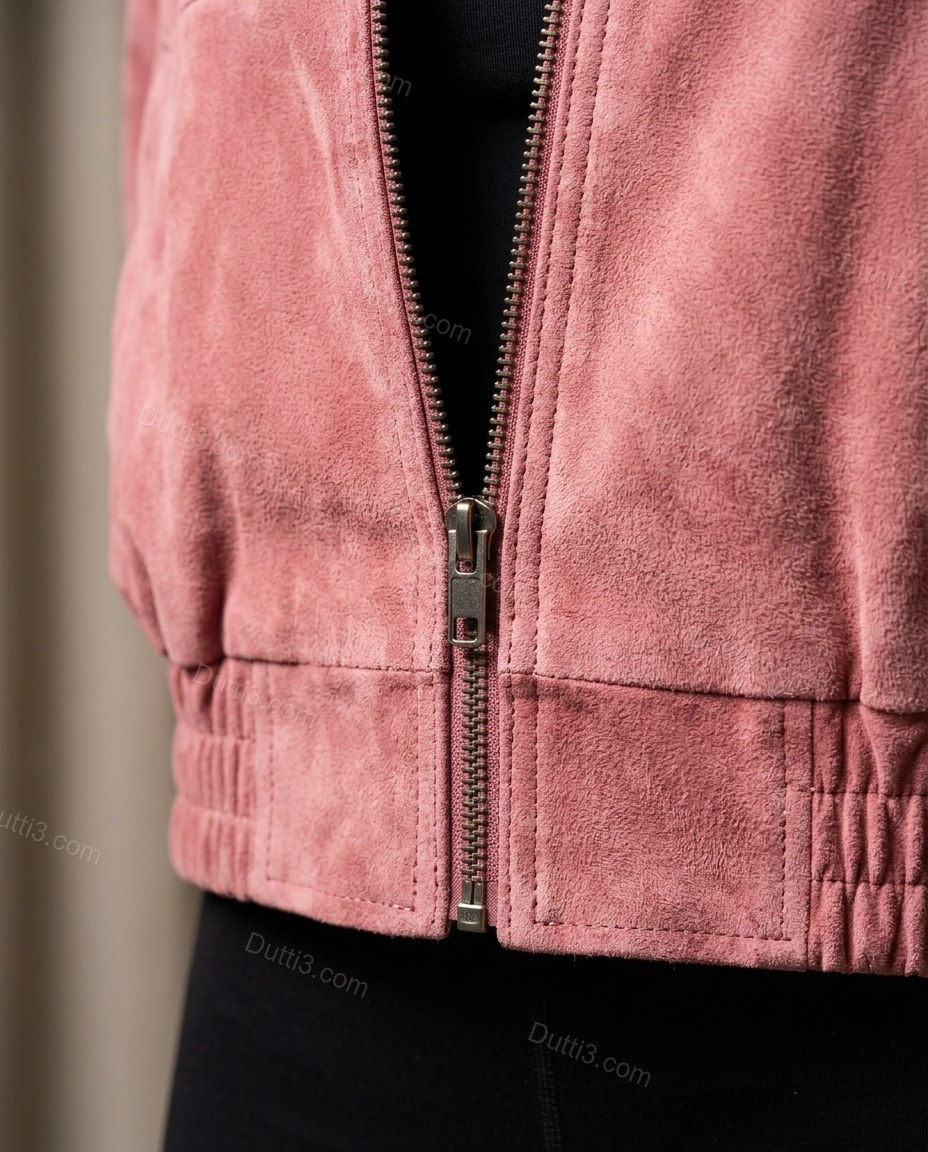 Pink Ribbed Jacket, close-up of ribbed hem, button cuffs and zipper closure, by Dutti3