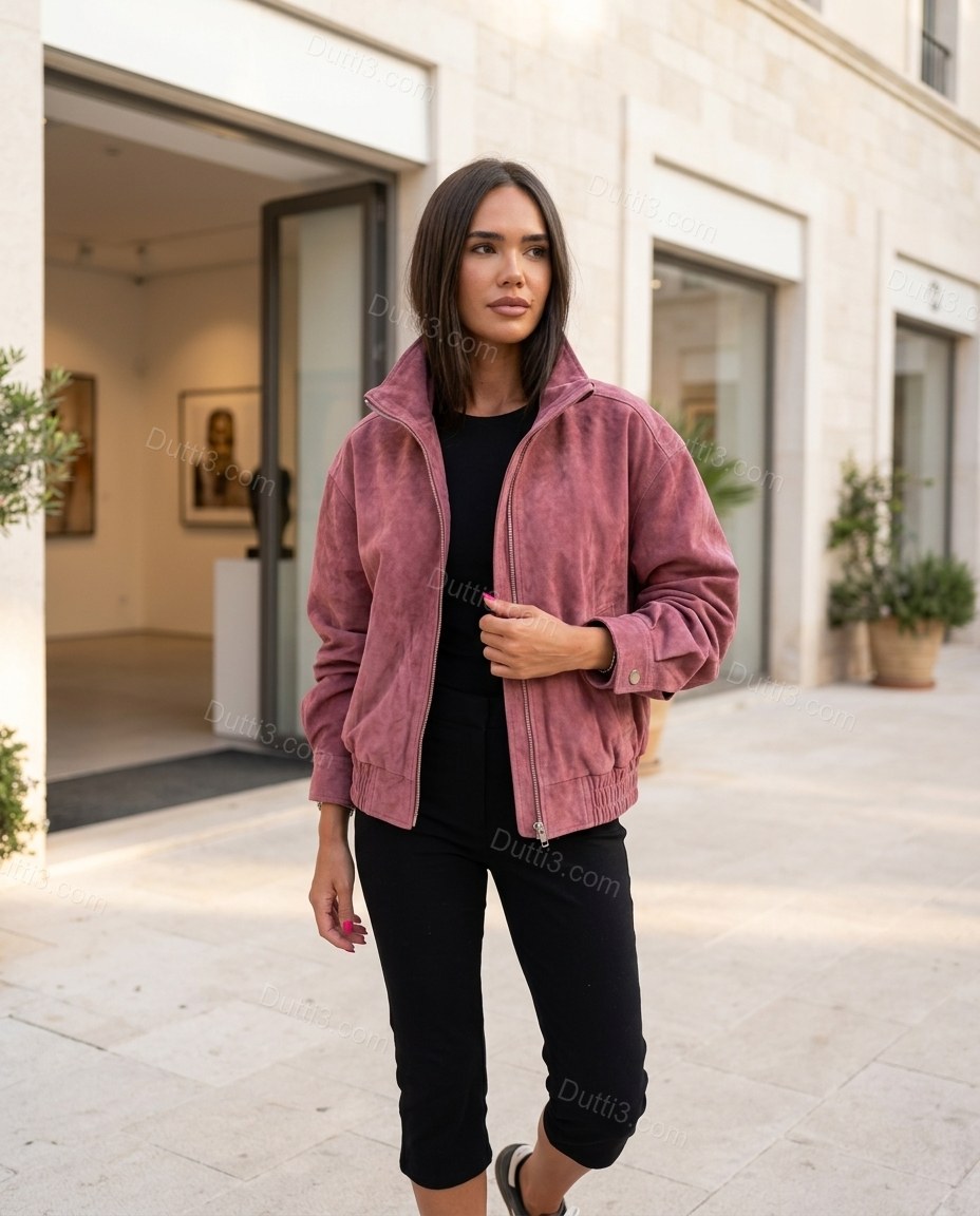 Pink Ribbed Jacket, three-quarter brand lifestyle view, by Dutti3