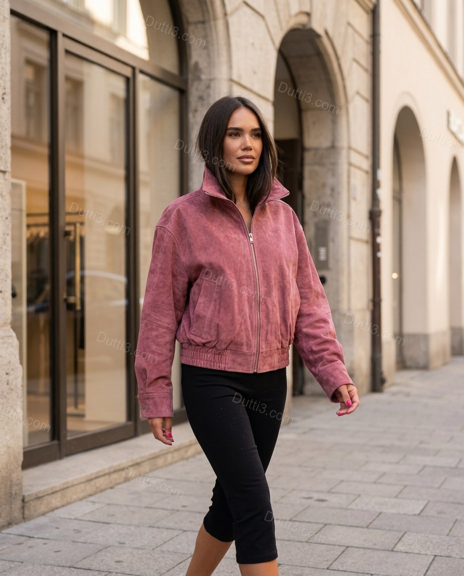 Pink Ribbed Jacket, movement and fit lifestyle view, by Dutti3