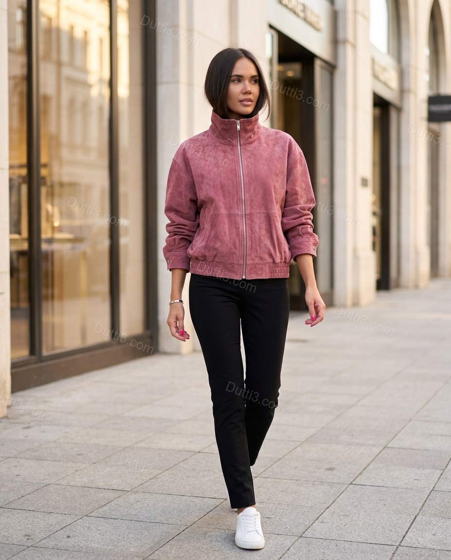 Pink Ribbed Jacket, alternate use-case lifestyle view, by Dutti3