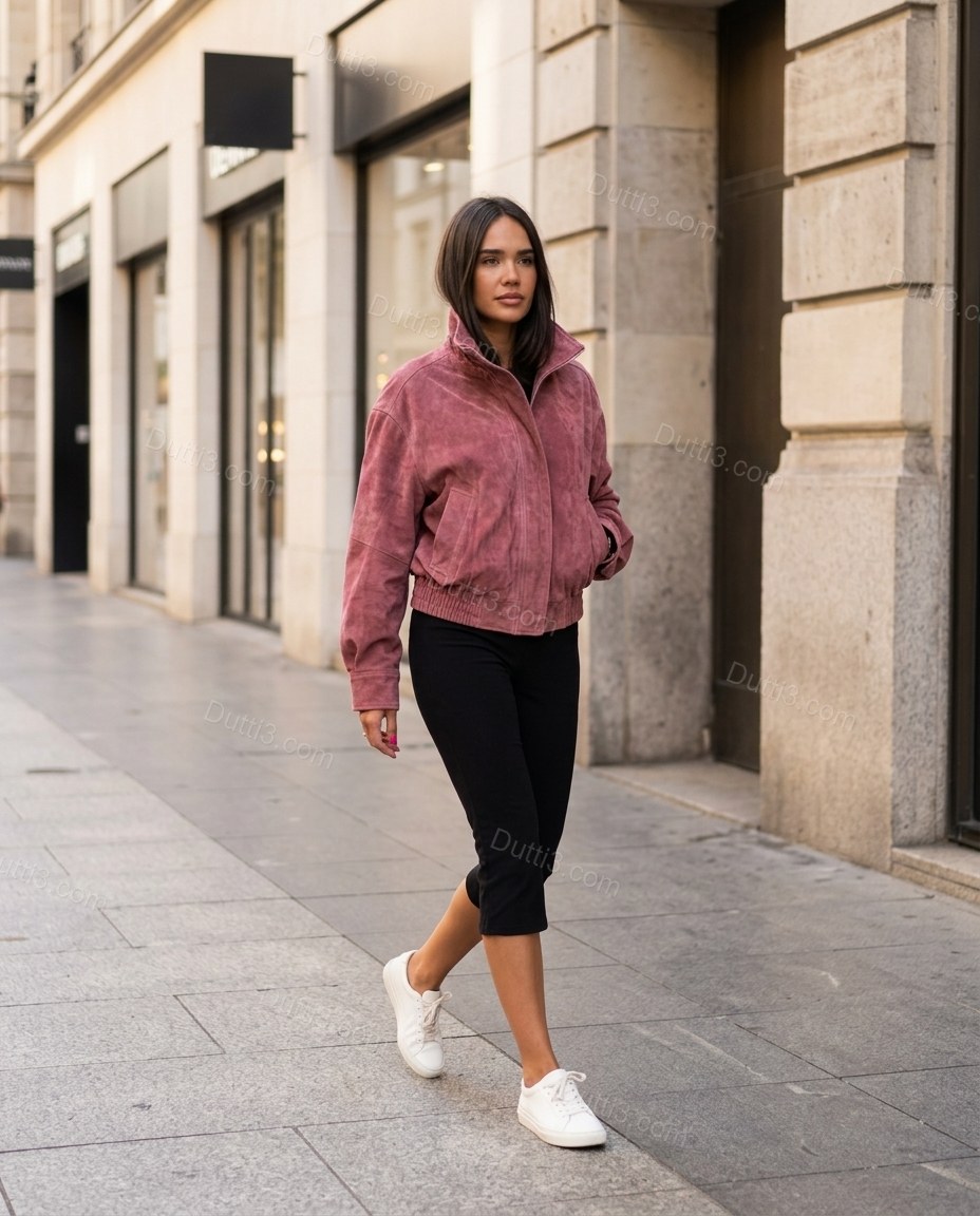 Pink Ribbed Jacket, walking lifestyle view, by Dutti3