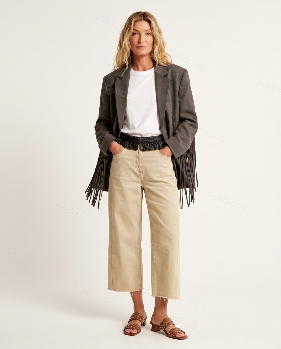 Charcoal Fringe Denim Pants, front studio view, by Dutti3