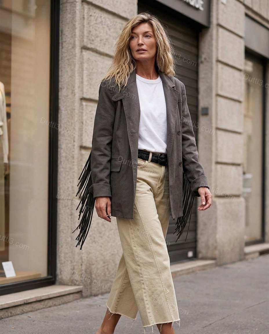 Charcoal Fringe Denim Pants, alternate use-case lifestyle view, by Dutti3