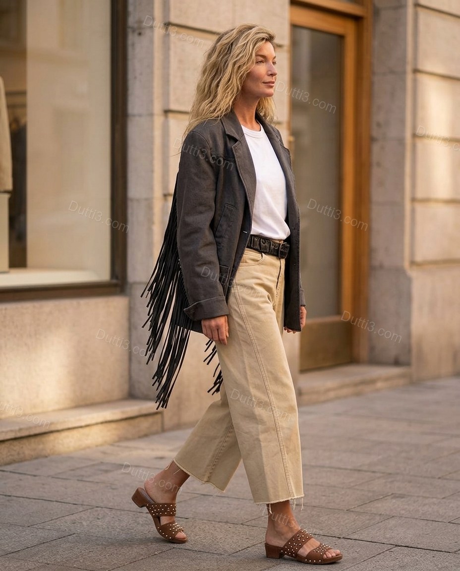Charcoal Fringe Denim Pants, movement and fit lifestyle view, by Dutti3