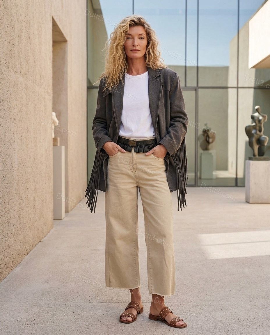 Charcoal Fringe Denim Pants, three-quarter brand lifestyle view, by Dutti3