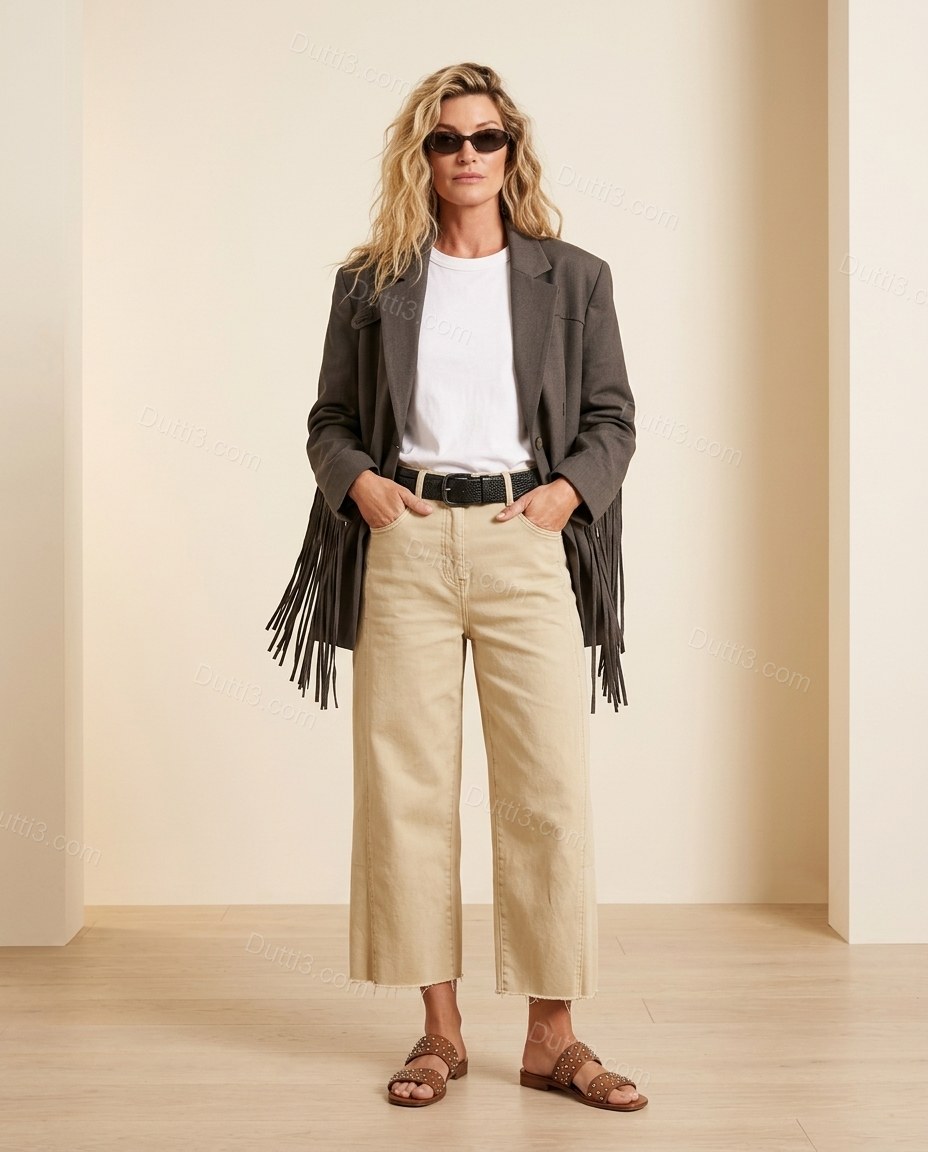 Charcoal Fringe Denim Pants, full-length hero view, by Dutti3