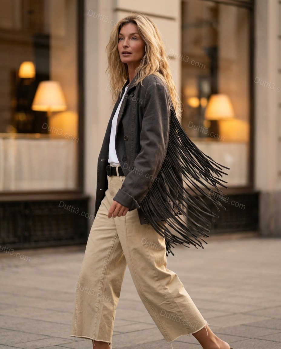 Charcoal Fringe Denim Pants, walking lifestyle view, by Dutti3