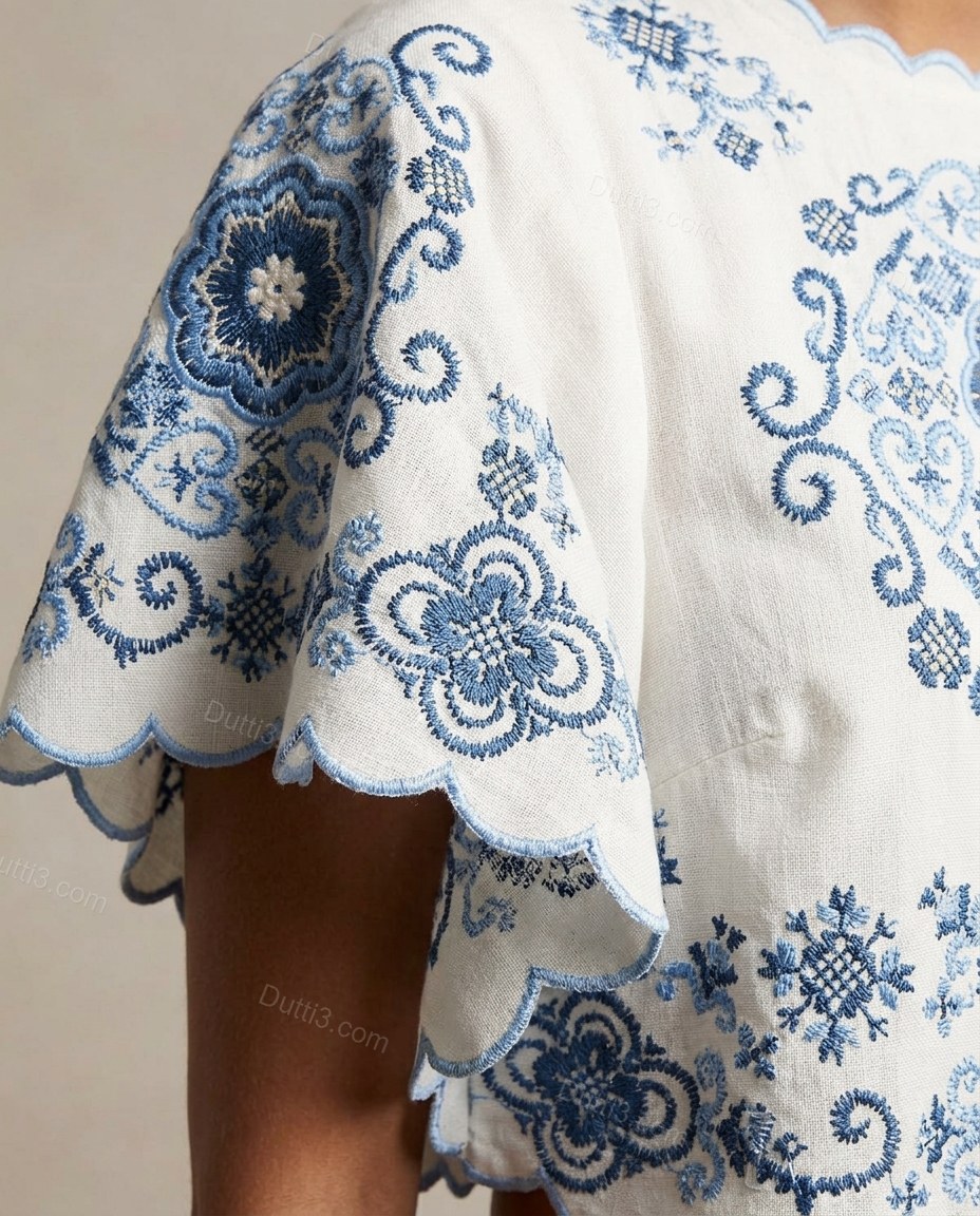 White Midi Embroidered Cotton Top & Skirt Set, close-up of scalloped hem, by Dutti3