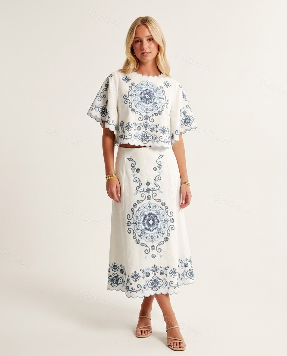 White Midi Embroidered Cotton Top & Skirt Set, front studio view, by Dutti3