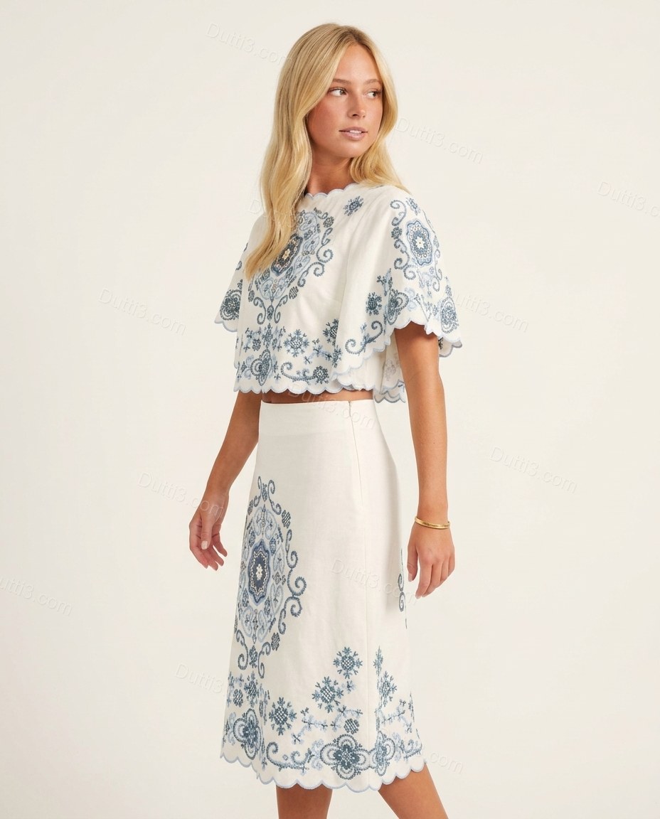White Midi Embroidered Cotton Top & Skirt Set, side and back studio view, by Dutti3