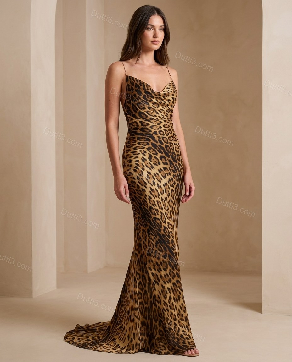 Brown Leopard Print Maxi Open-Back Dress, full-length hero view, by Dutti3