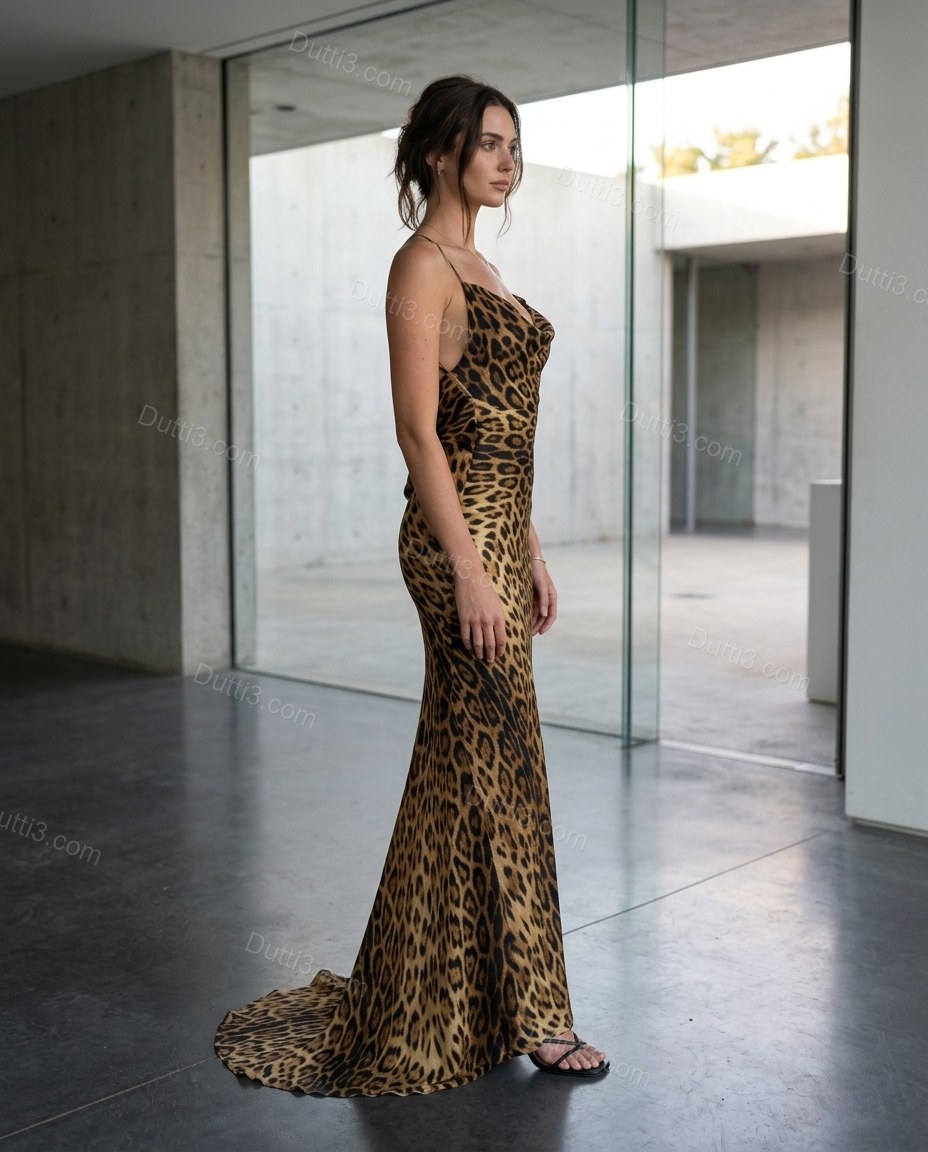 Brown Leopard Print Maxi Open-Back Dress, walking lifestyle view, by Dutti3