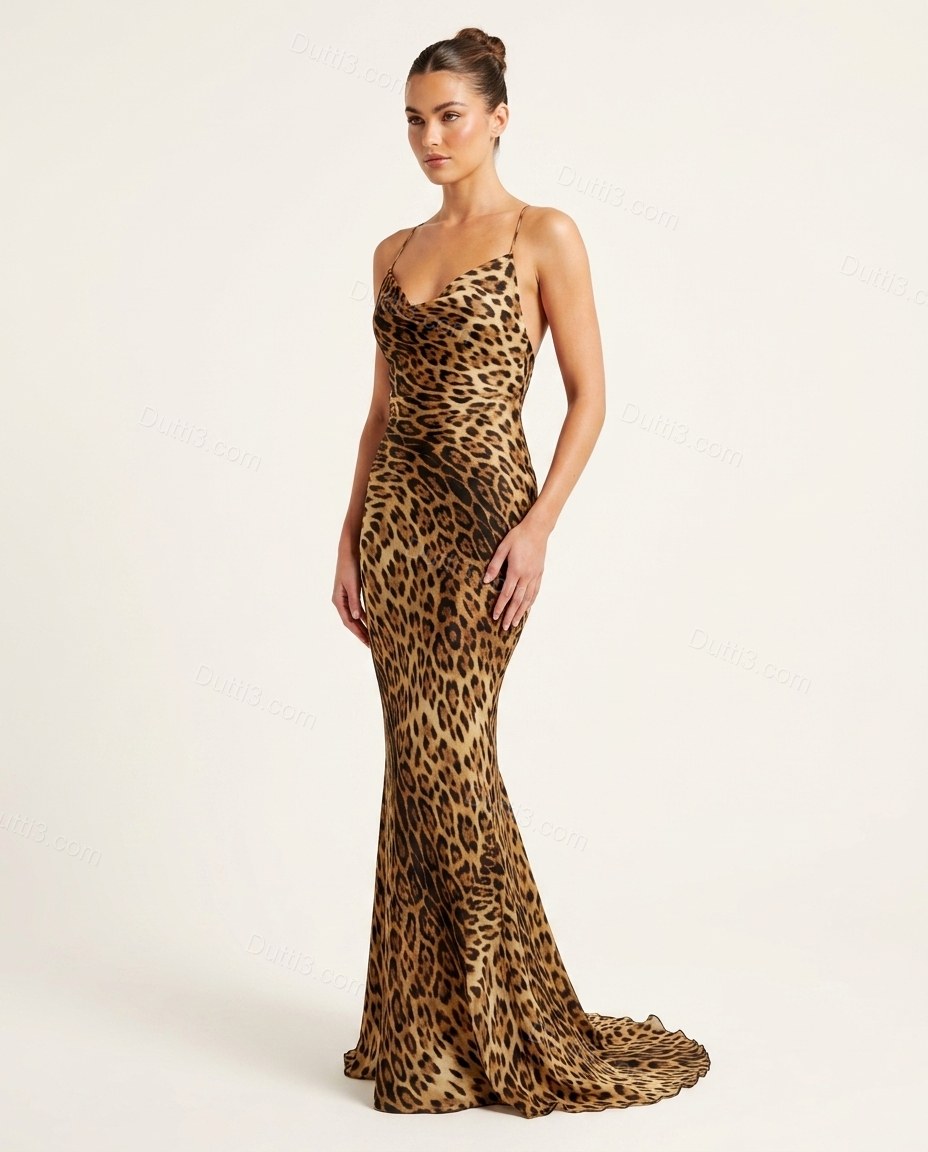 Brown Leopard Print Maxi Open-Back Dress, front studio view, by Dutti3