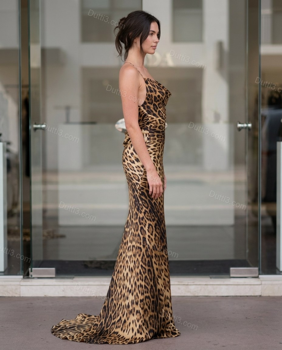 Brown Leopard Print Maxi Open-Back Dress, movement and fit lifestyle view, by Dutti3
