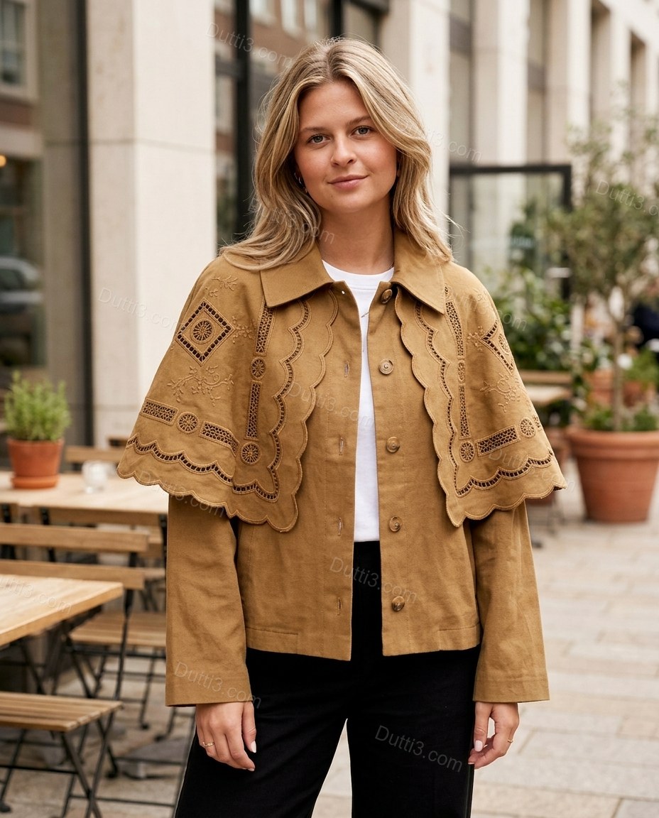 Camel Geometric Cape Embroidered Jacket, three-quarter brand lifestyle view, by Dutti3