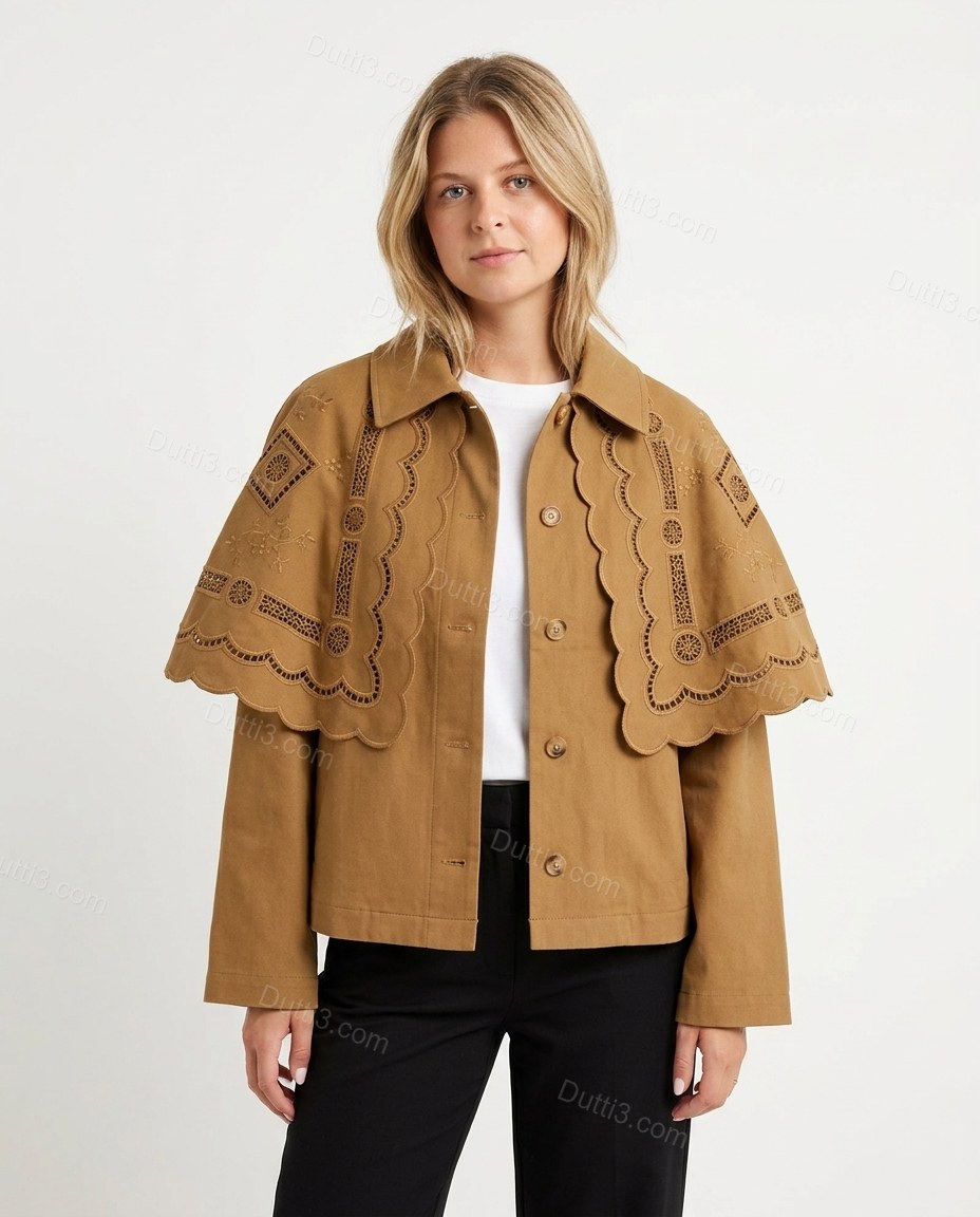 Camel Geometric Cape Embroidered Jacket, front studio view, by Dutti3
