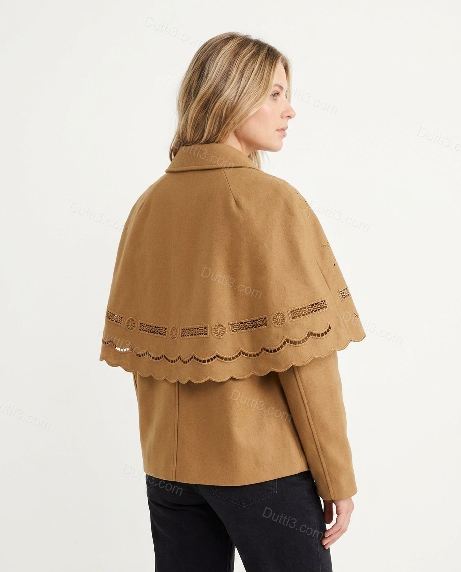 Camel Geometric Cape Embroidered Jacket, back studio view showing plain back with scalloped embroidery trim visible, by Dutti3