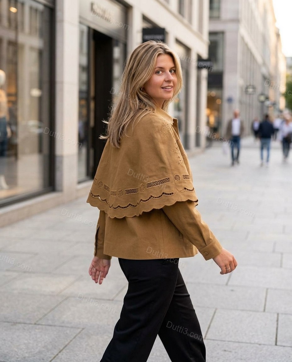 Camel Geometric Cape Embroidered Jacket, walking lifestyle view, by Dutti3