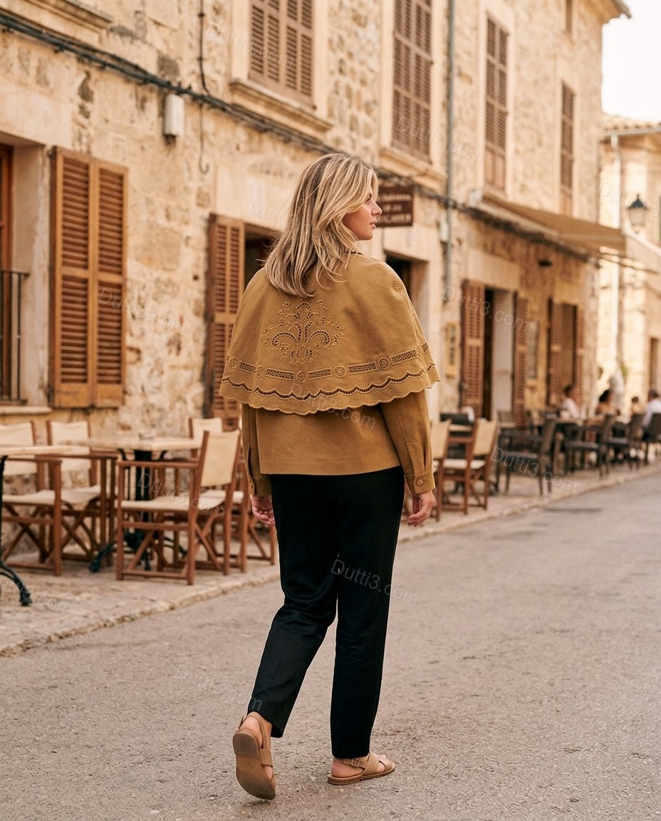 Camel Geometric Cape Embroidered Jacket, movement and fit lifestyle view, by Dutti3