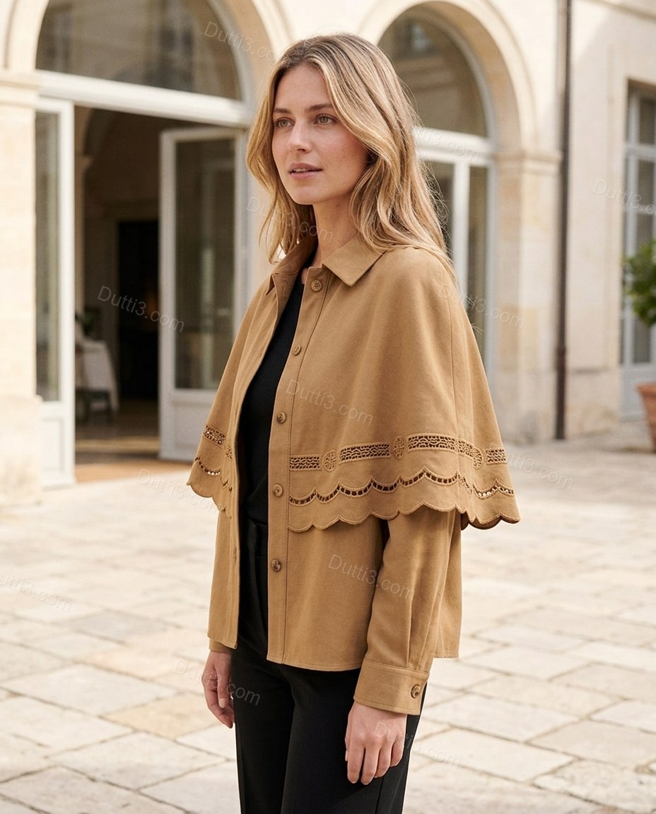 Camel Geometric Cape Embroidered Jacket, alternate use-case lifestyle view, by Dutti3